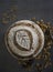 Beautifully decorated sourdough bread on gray background with copy space