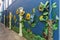 Beautifully decorated wall on one of Willemstad`s streets. Big yellow sunflowers and green leafs on blue background.