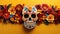 Beautifully Detailed Mexican Day of the Dead Sugar Skull on Vibrant Plain Background