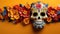 Beautifully Detailed Mexican Day of the Dead Sugar Skull on Vibrant Plain Background