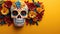 Beautifully Detailed Mexican Day of the Dead Sugar Skull on Vibrant Plain Background