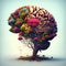 A Beautifully Illustrated Human Brain Tree Blossoming with Flowers as a Metaphor for Growth, Resilience and Creativity AI