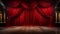 Beautifully Lit Lustrous Red Velvet Theatre Curtains and Wooden Stage Floor. Generative AI