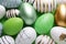 Beautifully painted Easter eggs as background, top view