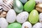 Beautifully painted Easter eggs as background, top view