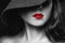 Beautifully painted red lips on the girls face. Model in a black hat