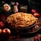 A beautifully presented apple pie with a rustic touch of flowers and fresh apples