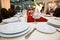 beautifully served table in a restaurant . decorated table in the glamorous cafe . Table setting in a restaurant. Empty glasses