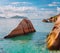 Beautifully shaped granite boulders in evening sunset light at Anse Source d`Argent beach, La Digue island, Seychelles