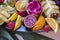 Beautifully sliced fruits on a festive table. Meals for guests during holidays and activities.