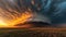 A beautifully structured supercell thunderstorm against a mesmerizing sunset sky, atmospheric drama unfolds, Ai Generated