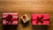 Beautifully wrapped vintage christmas presents on wooden background, view from above