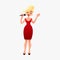 Beautilul blonde woman star celebrity jazz singer in red dress with microphone. Young girl is singing karaoke at a party