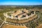 Beautiul aerial view of Monteriggioni, Tuscany medieval town on the hill. Tuscan scenic landscape vista with ancient walled city