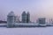 The beauty of the 4th Ice and Snow World in Changchun, China under the afterglow of the setting sun