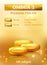 Beauty ads background. Golden oil capsule premium design template with molecules vitamin e or collagen vector realistic