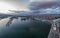 Beauty aerial view of the sea port and industrial zone at sunset