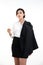 Beauty asain woman dress white shirt undress suit hand hold glasses isolate on white background