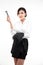 Beauty asain woman dress white shirt undress suit hand hold glasses isolate on white background