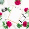 Beauty blog concept. Blogger or freelancer workspace with clipboard, notebook, retro camera, peonies and mobile phone on white bac