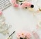 Beauty blog concept. Female make up accessories and roses