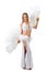 Beauty blonde in white belly dancer costume .