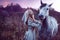 Beauty blondie with horse in the field, effect