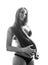 Beauty brunette pregnant woman isolated black and white portrait, tenderness people concept