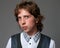 Beauty close-up portrait of a young guy with long hair in a shirt and vest