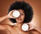 Beauty, coconut and skincare, black woman with natural product for diy facial treatment, organic and fresh portrait