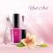 Beauty cosmetic ads images of nail polish and tweezers with tender flowers. Colorful realistic vector illustration