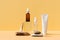 Beauty and cosmetic concept with serum bottle, cream tube on natural pedestal