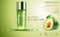 Beauty cosmetic product poster, fruit avocado cream ads with silver bottle package skin care cream on sparkling green shiny backgr