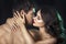 beauty couple. Kissing couple portrait. Sensual brunette woman in underwear with young lover, passionate couple