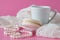 Beauty cup of coffee and macaroon, bride`s morning, cozy mornin