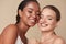 Beauty. Diversity Women Portrait. Happy Ethnic Models With Closed Eyes Standing Together Against Beige Background.