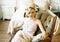 Beauty emotional blond bride in luxury interior