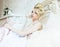 Beauty emotional blond bride in luxury interior happy dreaming