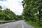 Beauty empty highway road with lamp post and tree on cloudy and blue sky day background