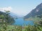 Beauty european lake Brienz seen from Brunig Pass in Switzerland with clear blue sky in 2018 warm sunny summer day