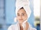 Beauty, face and cleaning with facial and woman after shower in towel for hygiene and grooming in skincare portrait