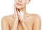 Beauty Face Skin Care, Woman Moisturizing and Massaging Neck By Hand over White