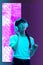 Beauty and fashion concept. Trendy neon light and gradient background. Modern design. Contemporary art collage.