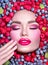 Beauty fashion model girl lying in fresh ripe fruits, berries and mint. Face in colorful berries close-up. Beautiful make-up