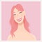 Beauty female portrait. Smiling young Asian woman avatar. Girl with pink hair. Vector illustration