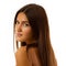 Beauty feminine portrait of female face with healthy natural skin. Beautiful tanned teen girl with long brown hair