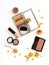 Beauty flat lay with woman make up products on white background.