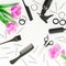 Beauty frame with hairdresser tools - spray, scissors, combs, barrette and tulips flowers on white background. Flat lay, top view
