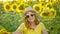 Beauty girl with long red hair stands in yellow sunflower field. Happy woman outdoors. Teen. Teenager. Face. Portrait