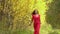 Beauty girl in red dress with healthy long hair in forest. Happy woman in autumn in slow motion, smiling. 120 fps